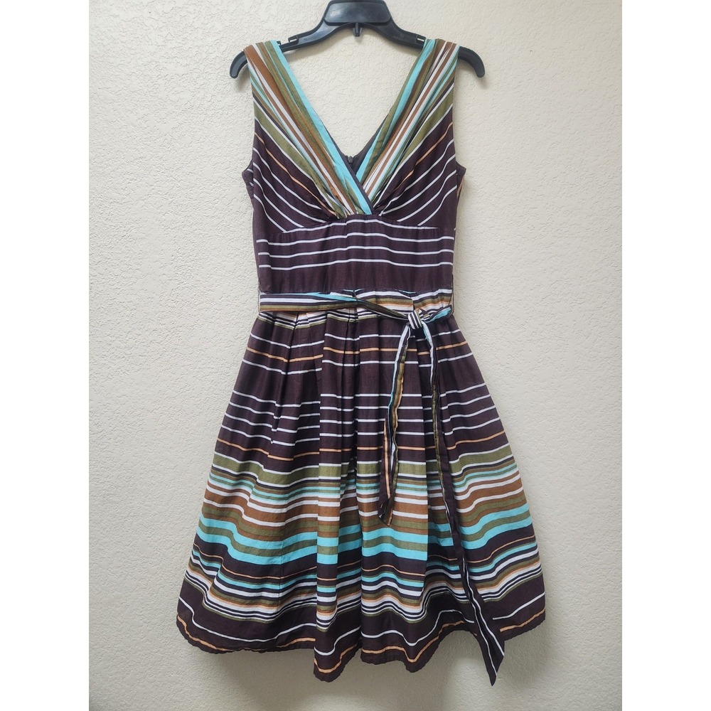 Vintage Rabbit Designs Striped Cotton Dress Size 8 Retro Multi Color Fit Flare